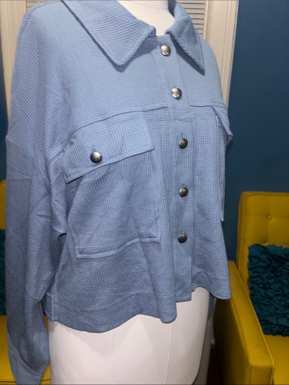 Light Blue Waffle Knit Button-Front Jacket - Picture 5 of 6